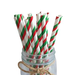 Sene Christmas Paper Straws 100-Pack, 7.75 Inches, Stripe Paper Straws, Red, Green, Bulk, Snow, Christmas Paper Straws, Thanksgiving Christmas Holiday Gift