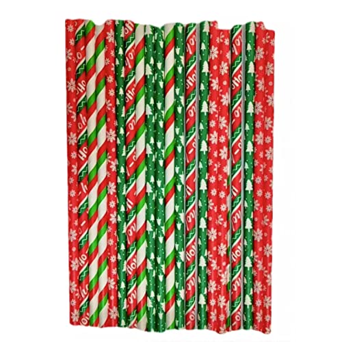 Sene Christmas Paper Straws 100-Pack, 7.75 Inches, Stripe Paper Straws, Red, Green, Bulk, Snow, Christmas Paper Straws, Thanksgiving Christmas Holiday Gift