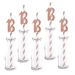 rose happy 13th birthday straw decor, rose gold glitter 24pcs cut-out number 13 party drinking decorative straws, supplies