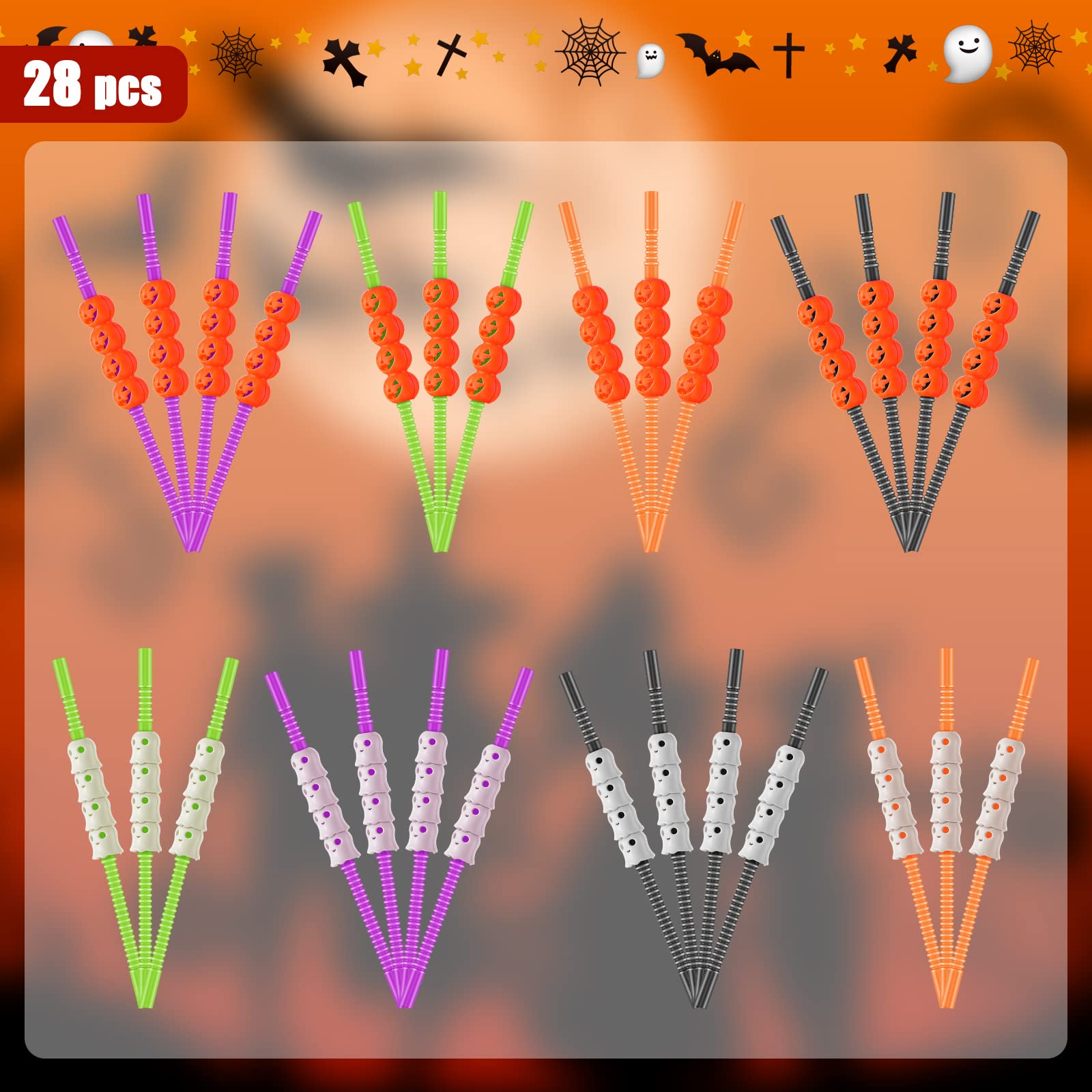 28 Pcs Halloween Straws Plastic Party Straws Include Pumpkin Ghost Reusable Drinking Straws Halloween Party Decoration for Kids Halloween Party Supply