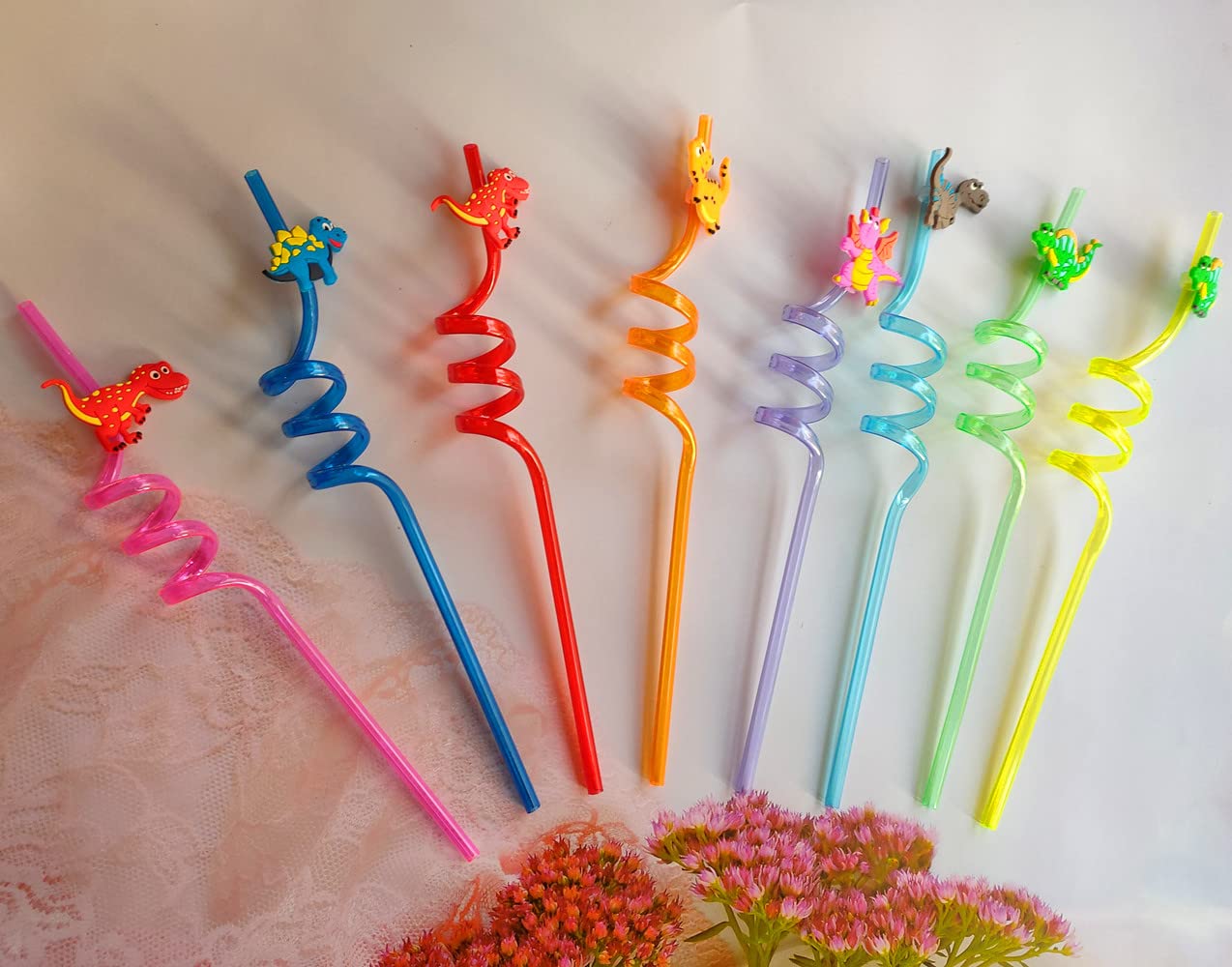 8 Pieces Plastic Reusable Dinosaur Straws for Kids, Animal Safari Jungle Drinking Dinosaur Theme Straws for Party Decoration Supplies Birthday