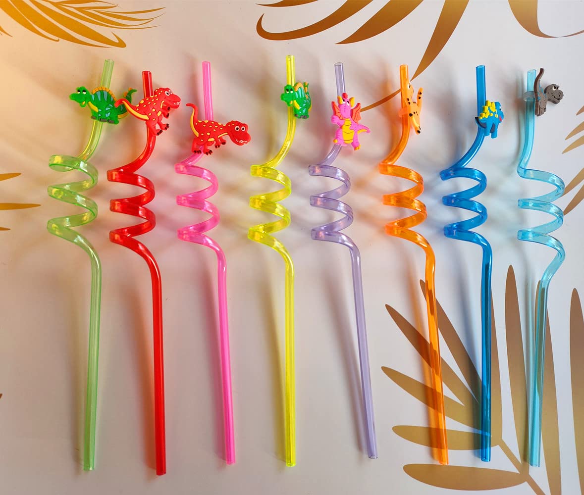 8 Pieces Plastic Reusable Dinosaur Straws for Kids, Animal Safari Jungle Drinking Dinosaur Theme Straws for Party Decoration Supplies Birthday