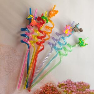 8 Pieces Plastic Reusable Dinosaur Straws for Kids, Animal Safari Jungle Drinking Dinosaur Theme Straws for Party Decoration Supplies Birthday