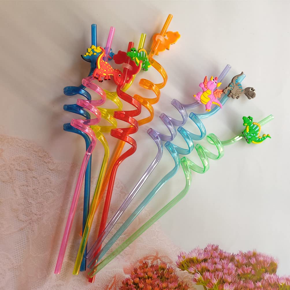 8 Pieces Plastic Reusable Dinosaur Straws for Kids, Animal Safari Jungle Drinking Dinosaur Theme Straws for Party Decoration Supplies Birthday