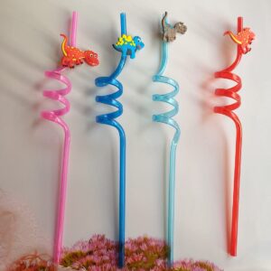 8 Pieces Plastic Reusable Dinosaur Straws for Kids, Animal Safari Jungle Drinking Dinosaur Theme Straws for Party Decoration Supplies Birthday