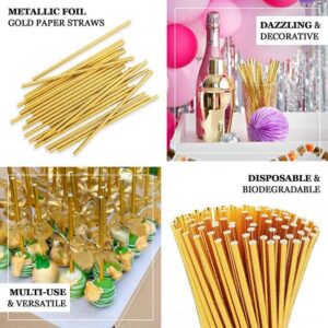 TABLECLOTHSFACTORY 50 Pack | 8" Metallic Gold Foil Food Grade Paper Drinking Straws, Biodegradable Disposable Party Straws