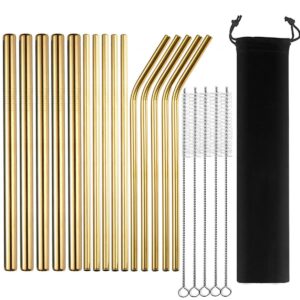 15pcs reusable metal straws with 5 cleaning brushes - 18/8 stainless steel straws with 5 straight 5 bent 5 boba straws - eco friendly drinking straws with case for party drinkware (gold)