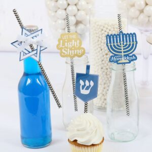 Big Dot of Happiness Happy Hanukkah Paper Straw Decor - Chanukah Party Striped Decorative Straws - Set of 24