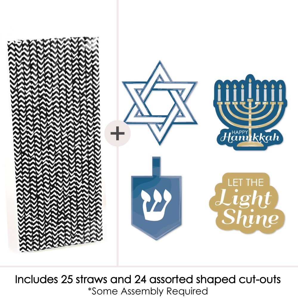 Big Dot of Happiness Happy Hanukkah Paper Straw Decor - Chanukah Party Striped Decorative Straws - Set of 24