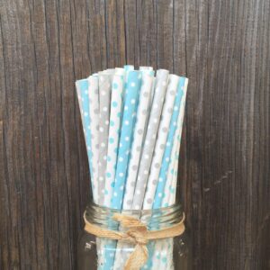 Polka Dot Paper Straws - Light Blue Silver White - 7.75 Inches - 100 Pack - Outside the Box Papers Brand