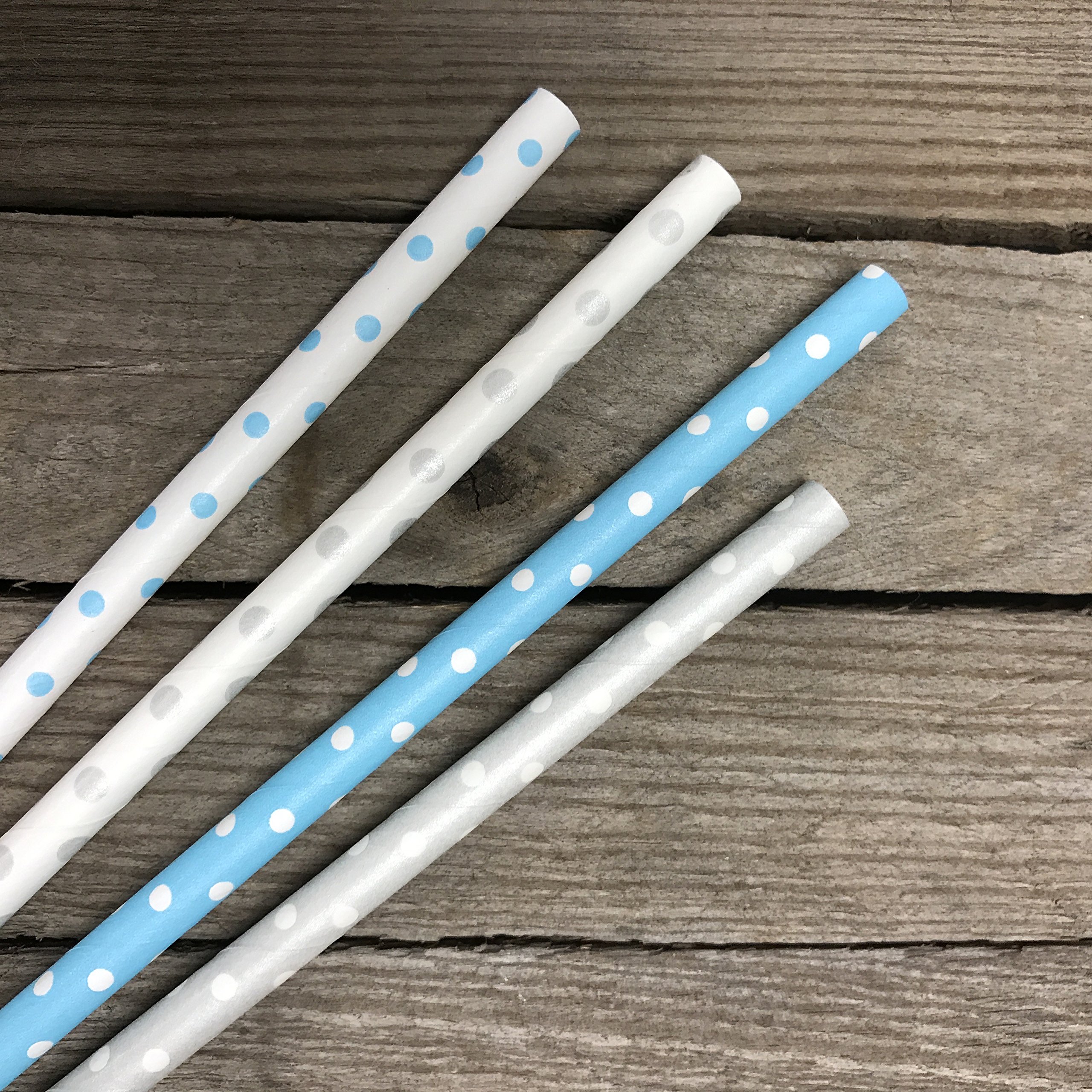 Polka Dot Paper Straws - Light Blue Silver White - 7.75 Inches - 100 Pack - Outside the Box Papers Brand