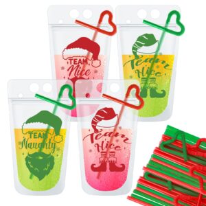 hotop 24 sets christmas drink pouches with straws team naughty or nice smoothie bags handheld clear plastic juice reusable reclosable for eve beverage party supplies, 4 styles