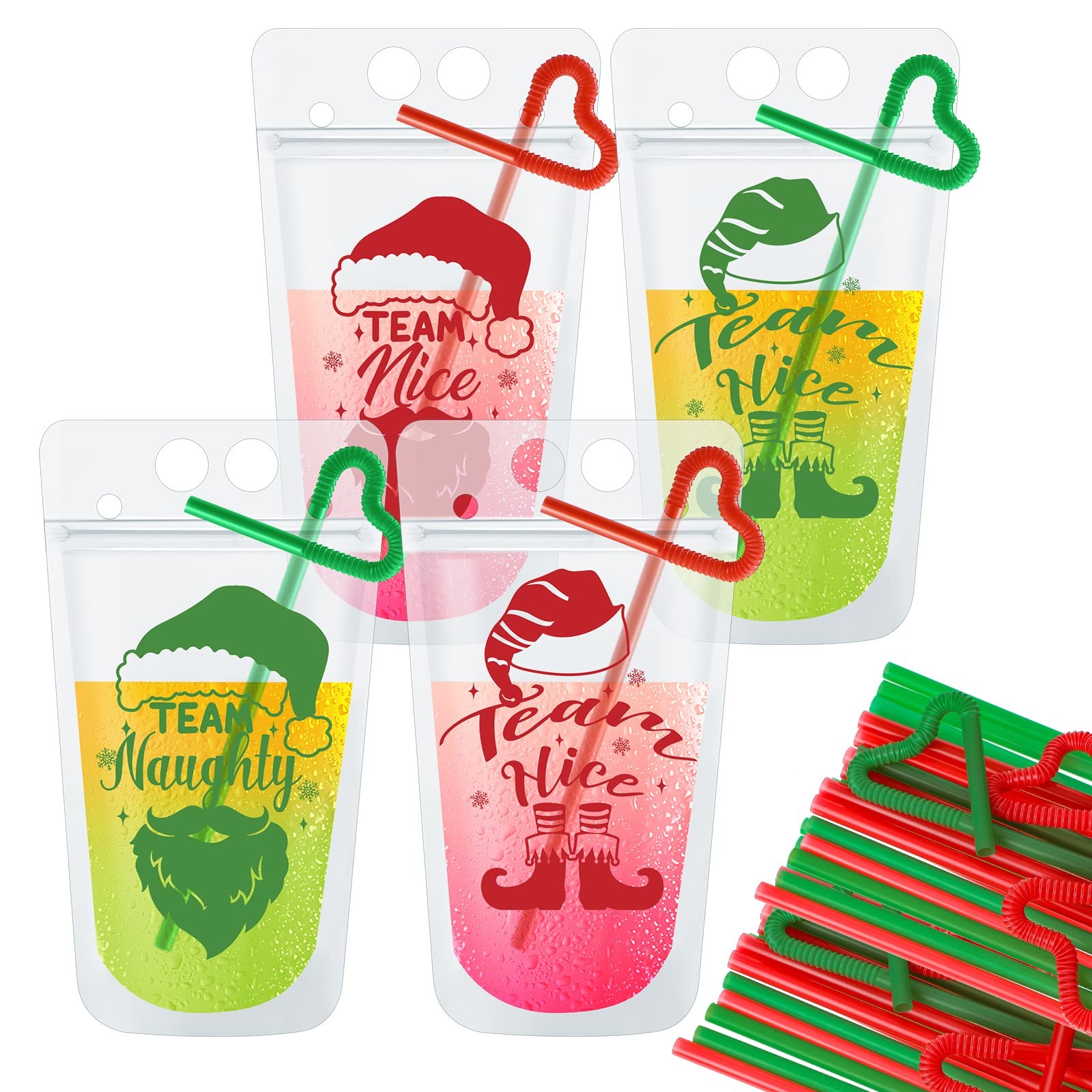 Hotop 24 Sets Christmas Drink Pouches with Straws Team Naughty or Nice Smoothie Bags Handheld Clear Plastic Juice Reusable Reclosable for Eve Beverage Party Supplies, 4 Styles