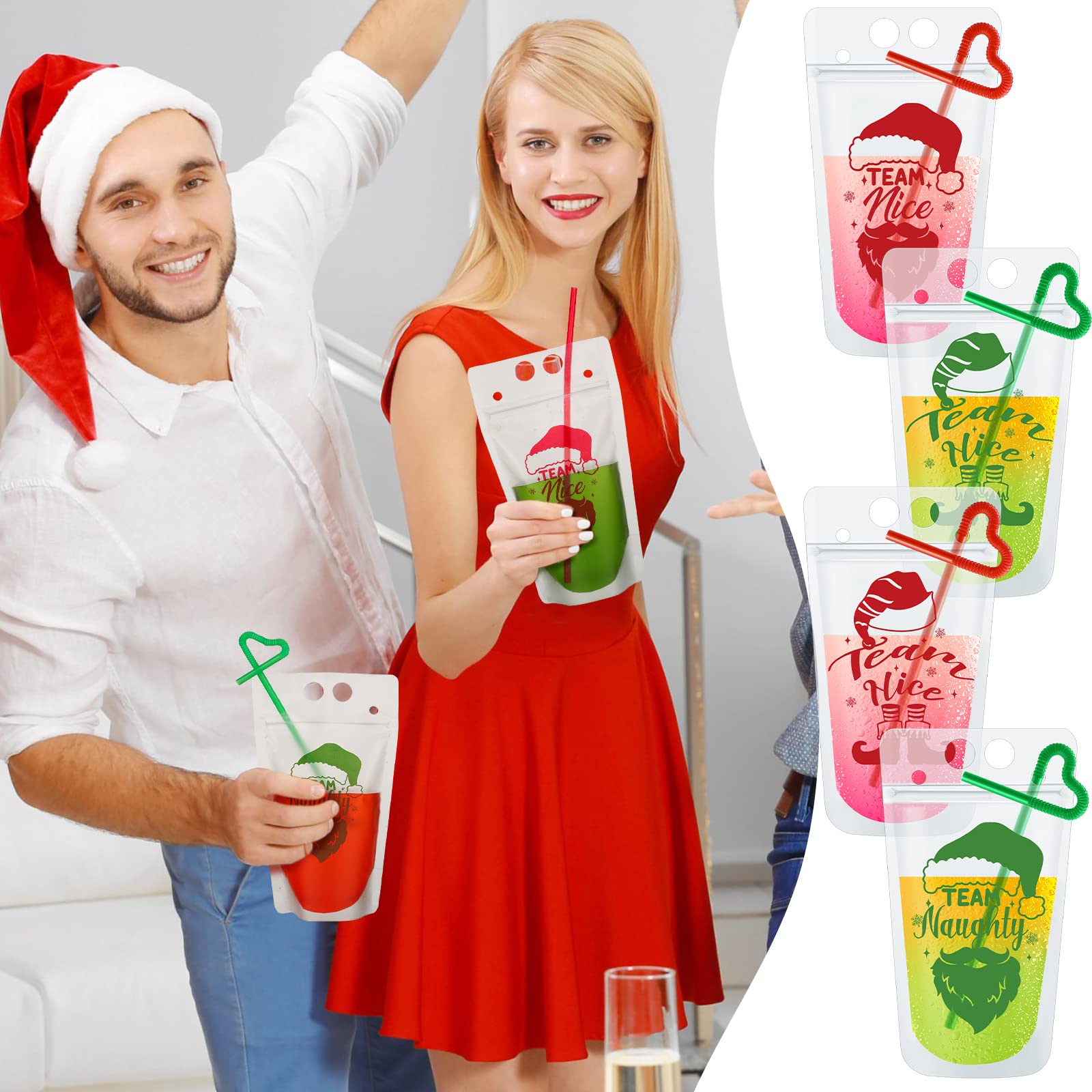 Hotop 24 Sets Christmas Drink Pouches with Straws Team Naughty or Nice Smoothie Bags Handheld Clear Plastic Juice Reusable Reclosable for Eve Beverage Party Supplies, 4 Styles