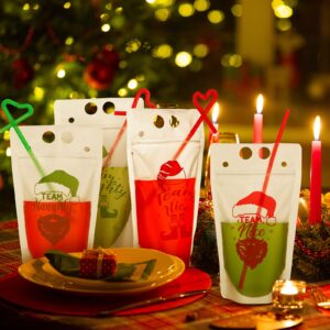 Hotop 24 Sets Christmas Drink Pouches with Straws Team Naughty or Nice Smoothie Bags Handheld Clear Plastic Juice Reusable Reclosable for Eve Beverage Party Supplies, 4 Styles