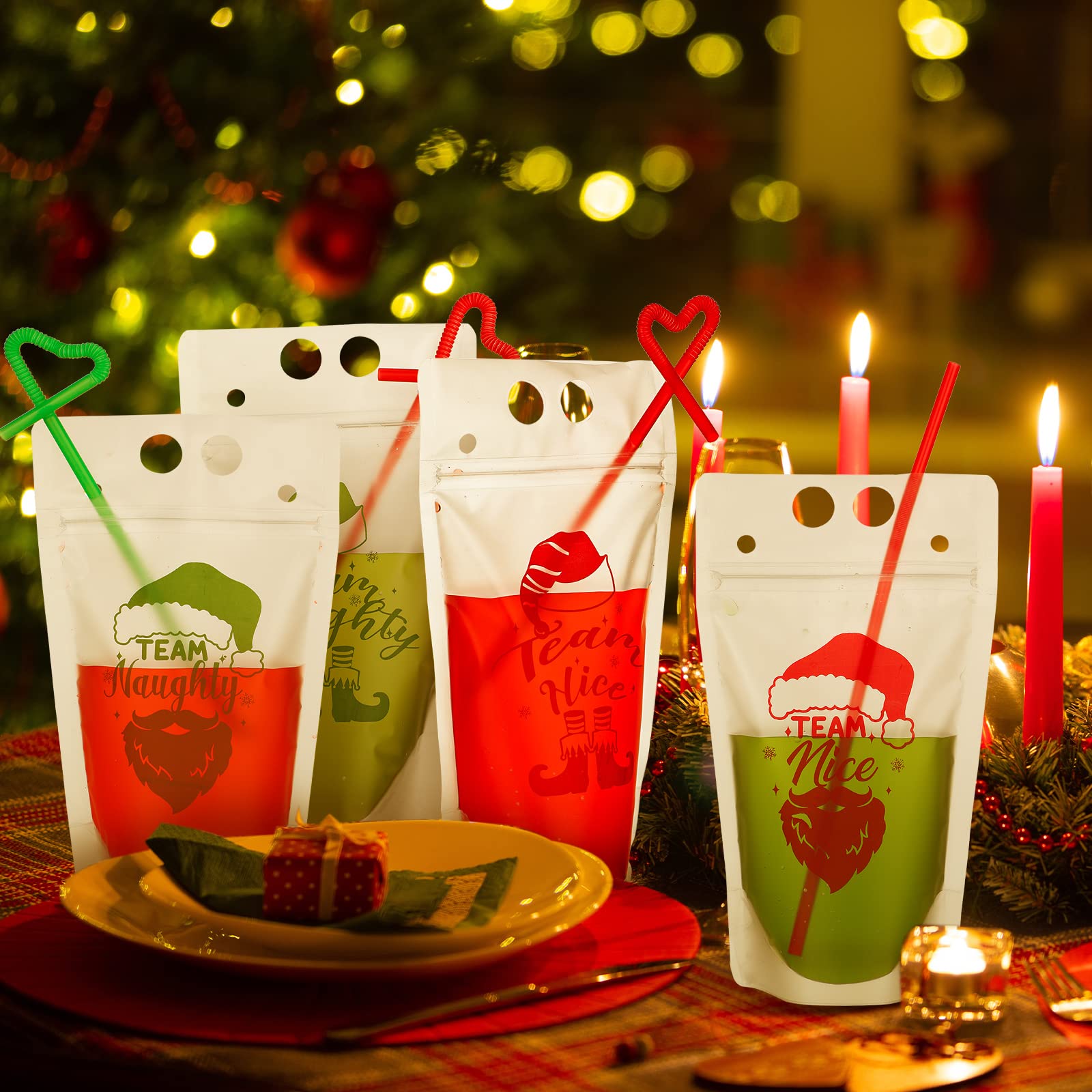 Hotop 24 Sets Christmas Drink Pouches with Straws Team Naughty or Nice Smoothie Bags Handheld Clear Plastic Juice Reusable Reclosable for Eve Beverage Party Supplies, 4 Styles