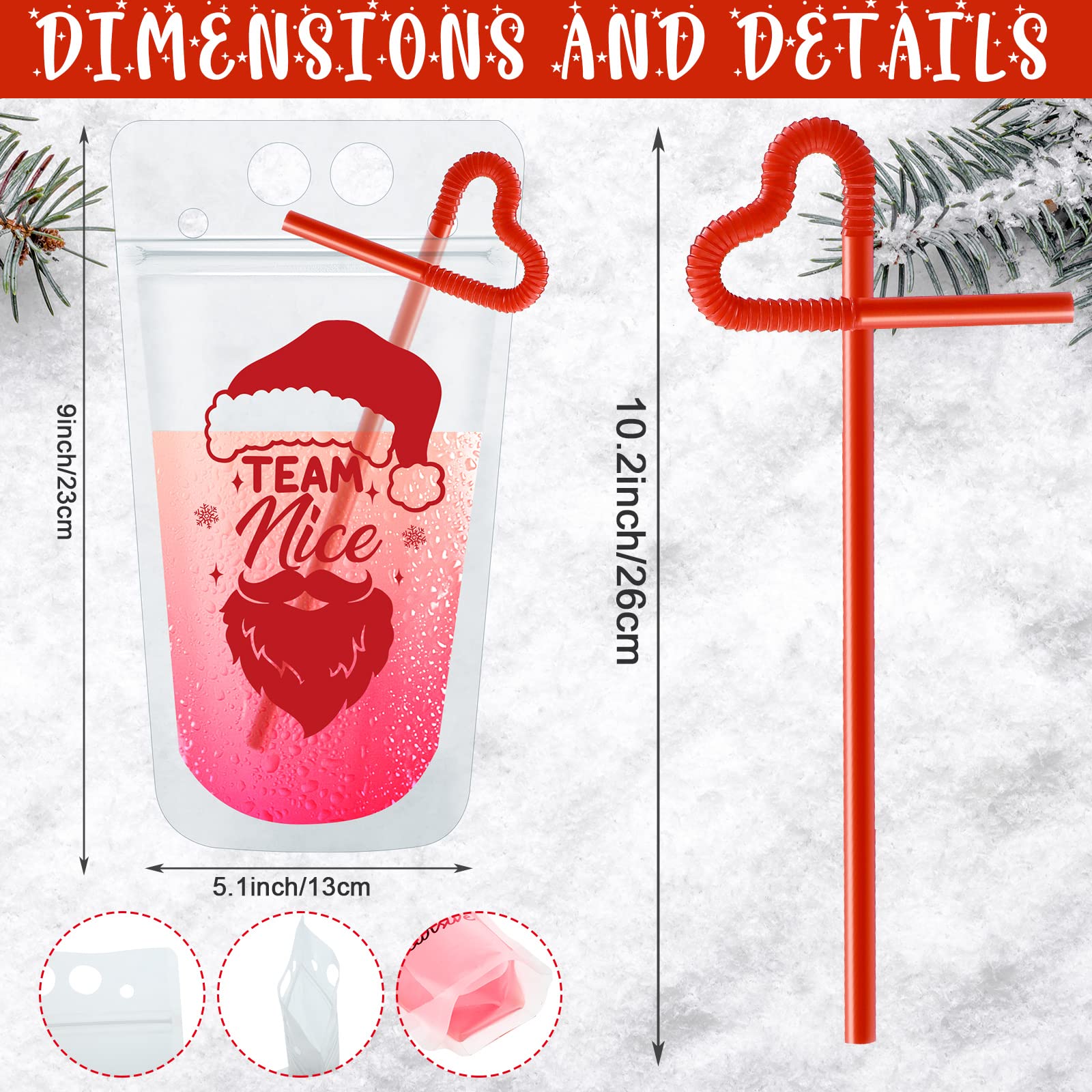 Hotop 24 Sets Christmas Drink Pouches with Straws Team Naughty or Nice Smoothie Bags Handheld Clear Plastic Juice Reusable Reclosable for Eve Beverage Party Supplies, 4 Styles