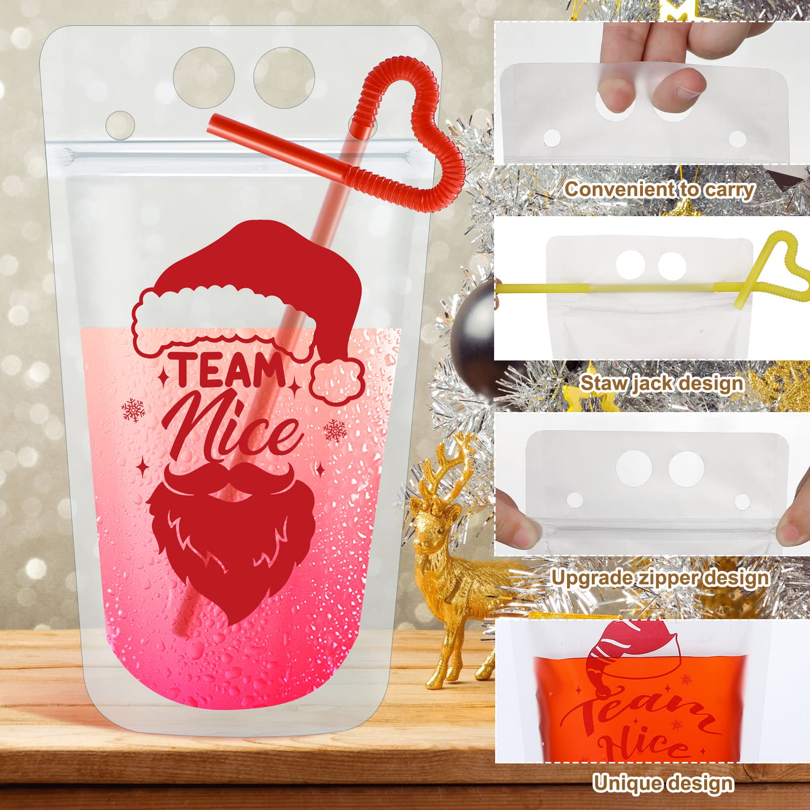 Hotop 24 Sets Christmas Drink Pouches with Straws Team Naughty or Nice Smoothie Bags Handheld Clear Plastic Juice Reusable Reclosable for Eve Beverage Party Supplies, 4 Styles