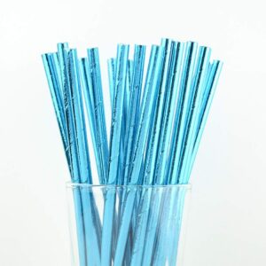 100 pcs shimmer plain blue foil paper straws, shiny pure solid color metallic party vintage paper drinking straws bulk, wedding holiday birthday baby shower cake pop sticks