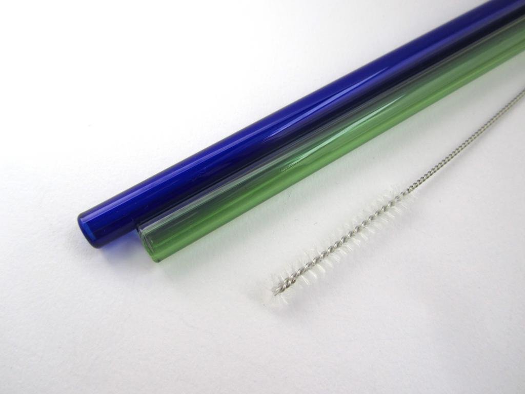 Set of 2--Pyrex Glass Drinking Straws, one blue, one green + cleaning brush