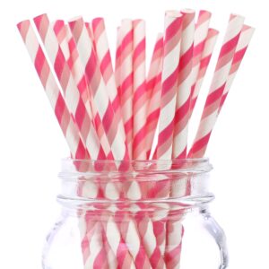 cleverdelights pink two stripe paper straws - 100 pack - biodegradable drinking straws