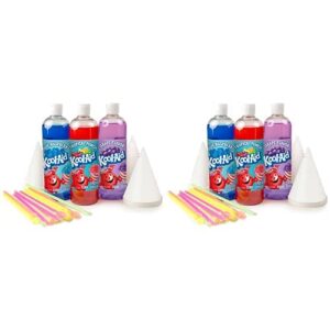 kool-aid snow cone syrup party kit, kool-aid shaved ice, comes with straws, cups, spoons, flavors of tropical punch, grape, blue raspberry, fun for kids, celebrations, gifting, multicolor (pack of 2)