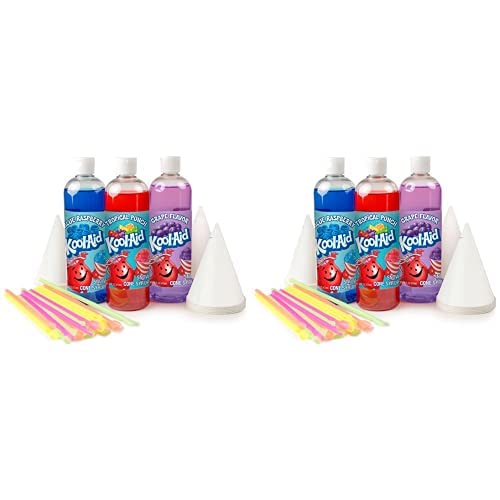 Kool-Aid Snow Cone Syrup Party Kit, Kool-Aid Shaved Ice, Comes With Straws, Cups, Spoons, Flavors Of Tropical Punch, Grape, Blue Raspberry, Fun For Kids, Celebrations, Gifting, Multicolor (Pack of 2)