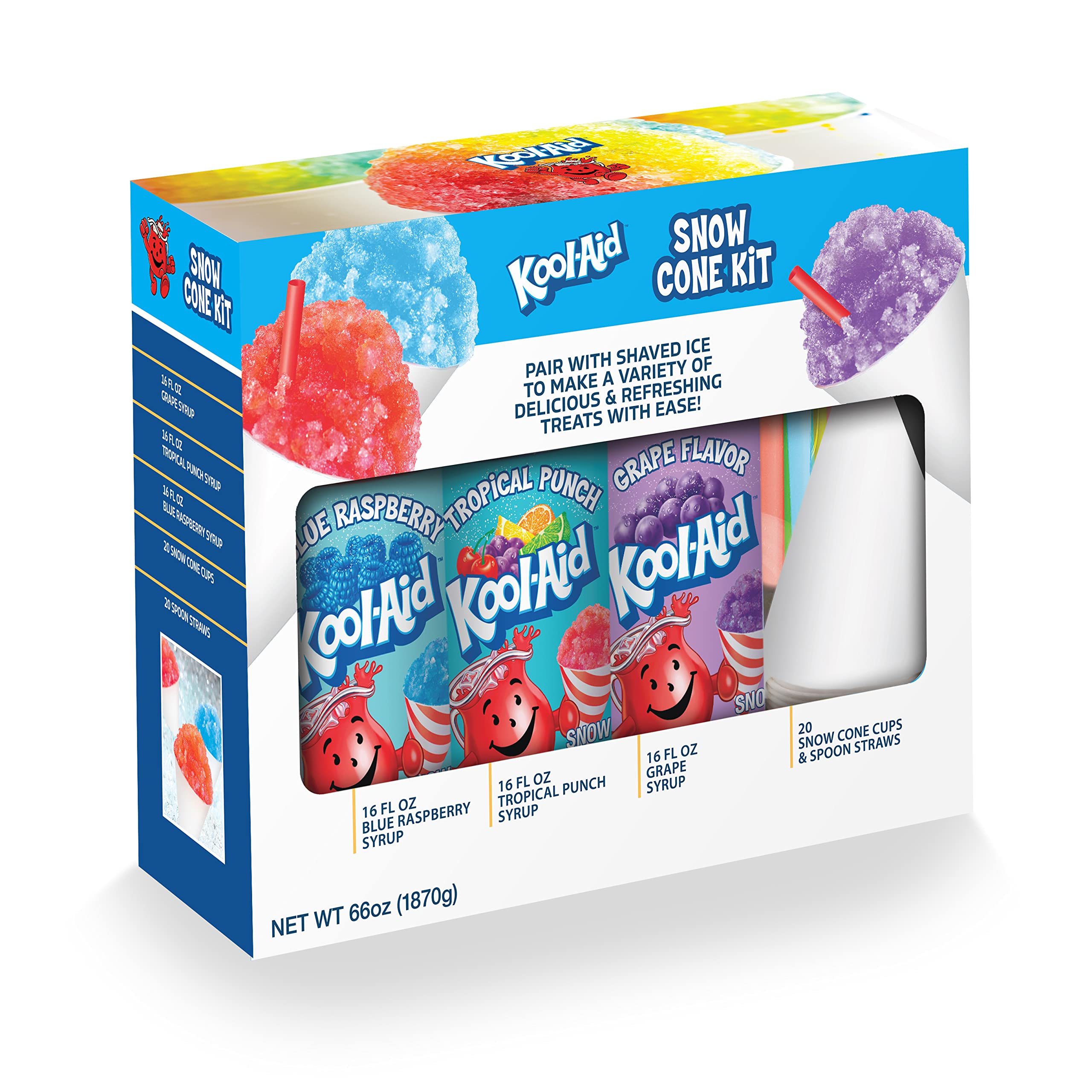 Kool-Aid Snow Cone Syrup Party Kit, Kool-Aid Shaved Ice, Comes With Straws, Cups, Spoons, Flavors Of Tropical Punch, Grape, Blue Raspberry, Fun For Kids, Celebrations, Gifting, Multicolor (Pack of 2)