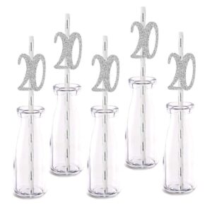 silver happy 20th birthday straw decor, silver glitter 24pcs cut-out number 20 party drinking decorative straws, supplies