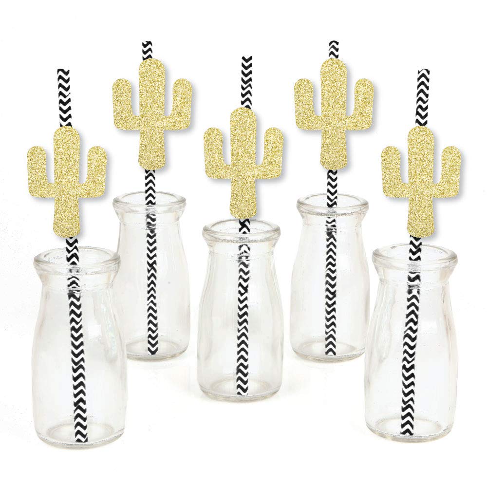 Big Dot of Happiness Gold Glitter Cactus Party Straws - No-Mess Real Gold Glitter Cut-Outs and Decorative Christmas Cactus Party Paper Straws - Set of 24