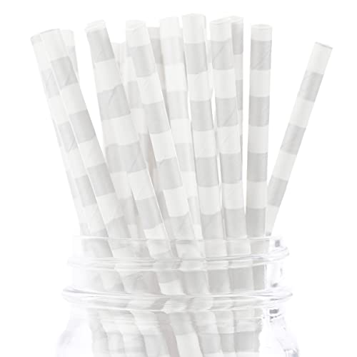 CleverDelights Biodegradable Paper Straws - Silver Ring Style - Box of 100