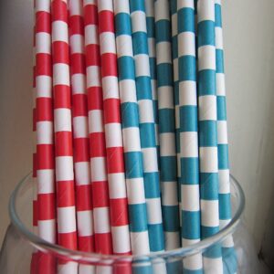 Dr. Seuss Inspired Color Themed Red and Aqua Paper Drinking Straws 50 Ct. - Twilight Parties by Twilight Parties