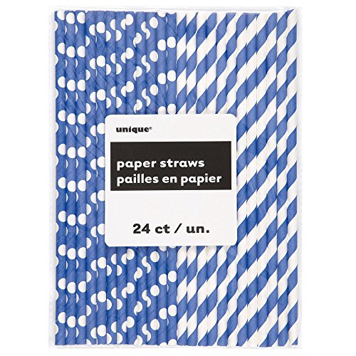 Electric Blue Polka Dot & Striped Paper Straws, 24ct