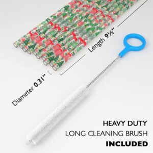 Fiesta First 10 Long Reusable Transparent Hard Plastic Drinking Straws, Christmas Trees Print Design + Sturdy Cleaning Brush - For Kids, Tumblers and Mason Jars - BPA Free