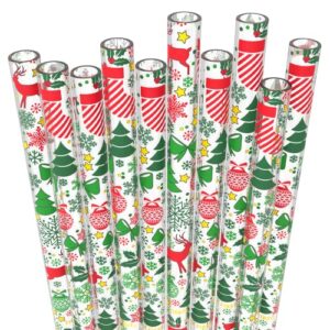 fiesta first 10 long reusable transparent hard plastic drinking straws, christmas trees print design + sturdy cleaning brush - for kids, tumblers and mason jars - bpa free