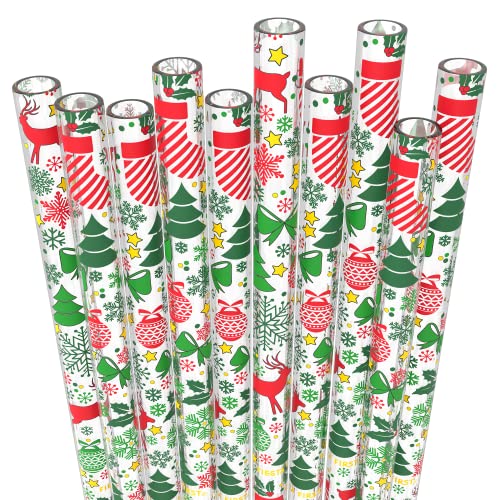 Fiesta First 10 Long Reusable Transparent Hard Plastic Drinking Straws, Christmas Trees Print Design + Sturdy Cleaning Brush - For Kids, Tumblers and Mason Jars - BPA Free