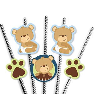 Baby Boy Teddy Bear Paper Straw Decor - Baby Shower Striped Decorative Straws - Set of 24