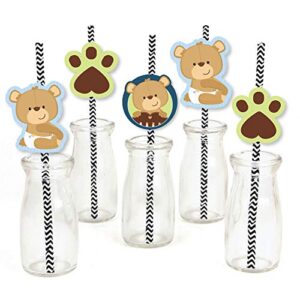 baby boy teddy bear paper straw decor - baby shower striped decorative straws - set of 24