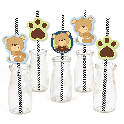 Baby Boy Teddy Bear Paper Straw Decor - Baby Shower Striped Decorative Straws - Set of 24