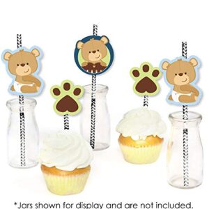 Baby Boy Teddy Bear Paper Straw Decor - Baby Shower Striped Decorative Straws - Set of 24