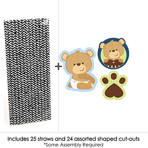 Baby Boy Teddy Bear Paper Straw Decor - Baby Shower Striped Decorative Straws - Set of 24