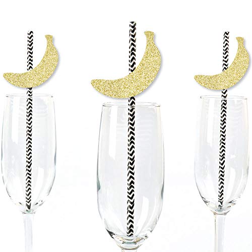 Gold Glitter Banana Party Straws - No-Mess Real Gold Glitter Cut-Outs and Decorative Tropical Party Paper Straws - Set of 24