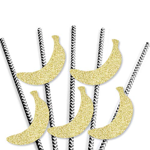 Gold Glitter Banana Party Straws - No-Mess Real Gold Glitter Cut-Outs and Decorative Tropical Party Paper Straws - Set of 24