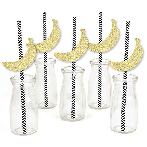 Gold Glitter Banana Party Straws - No-Mess Real Gold Glitter Cut-Outs and Decorative Tropical Party Paper Straws - Set of 24