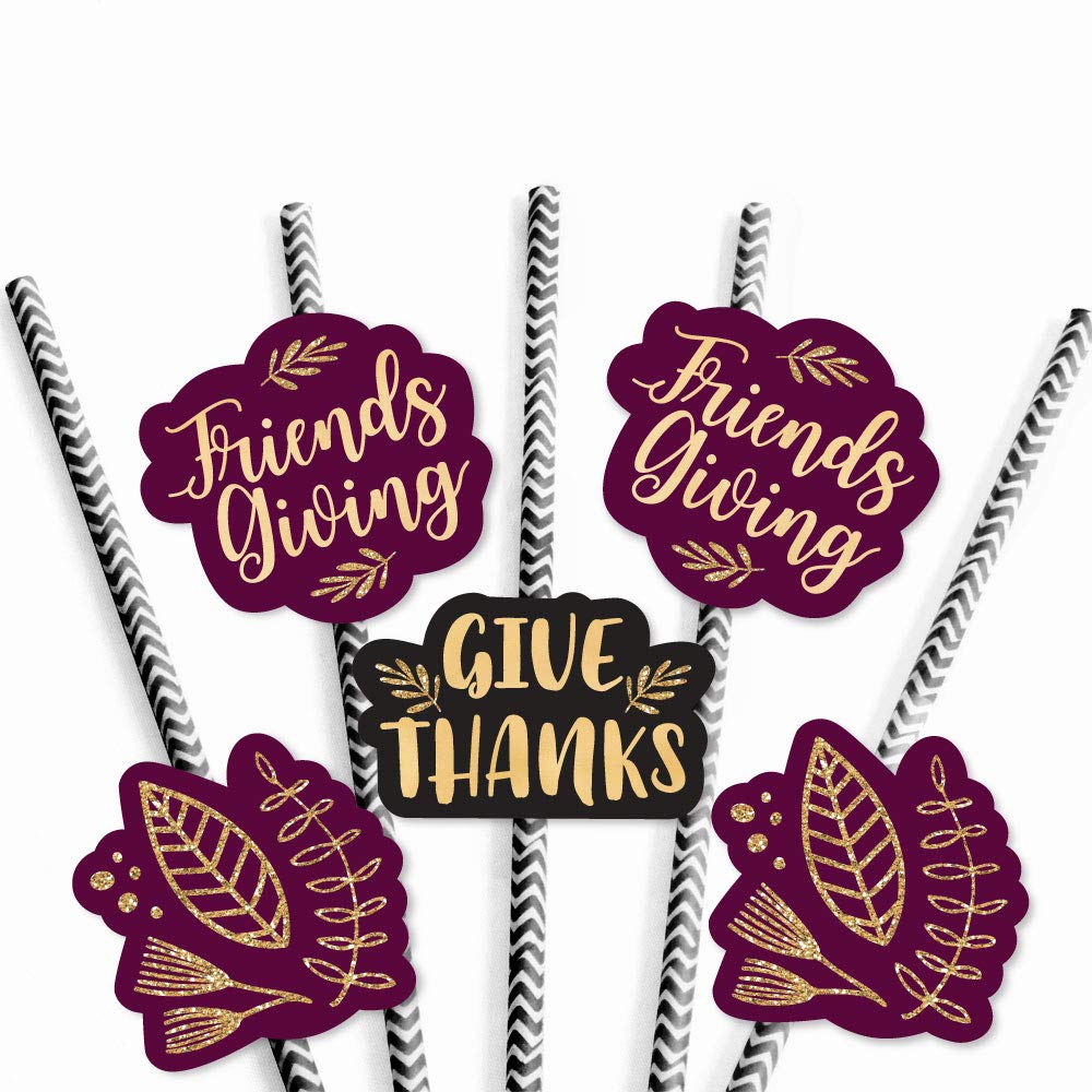 Big Dot of Happiness Elegant Thankful for Friends - Paper Straw Decor - Friendsgiving Thanksgiving Party Striped Decorative Straws - Set of 24