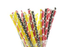 mickey mouse inspired straws (25 pack) - red, yellow, and black polka dot straws