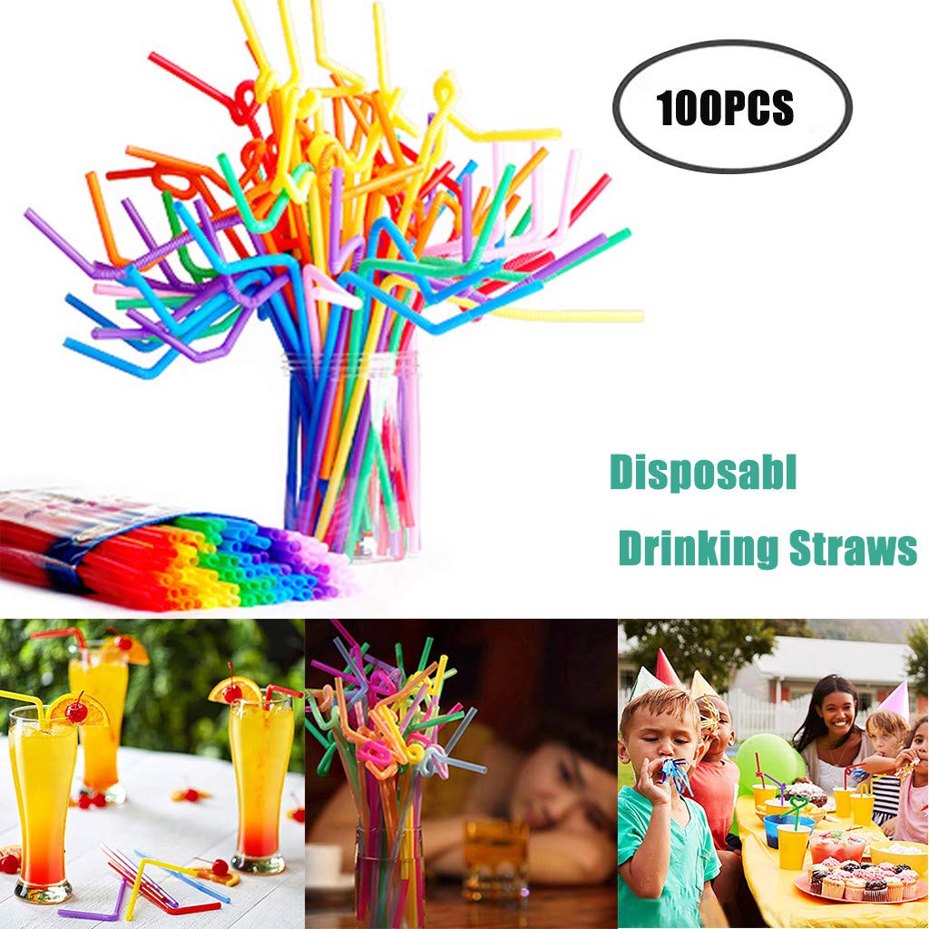 Flexible Disposable Plastic Drinking Straws 100Pcs- 0.23'' Diameter And 10.2'' Long,Stretched Approx 12.8 ''" High (Multicolor-100PCS)