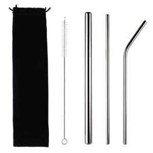 sefuez 3-pcs 8.4''reusable stainless steel metal straws with cleaning brush and carry bags,long drinking metal straw for 20 24 30 oz tumbler,dishwasher safe(2 straight|1 bent|1 brush)