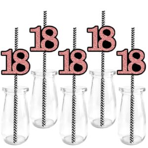 18th birthday straw decor paper, rose gold glitter cut-out numbers 18 years happy birthday anniversary party supplies drinking decoration, set of 24