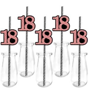 18th Birthday Straw Decor Paper, Rose Gold Glitter Cut-Out Numbers 18 Years Happy Birthday Anniversary Party Supplies Drinking Decoration, Set of 24